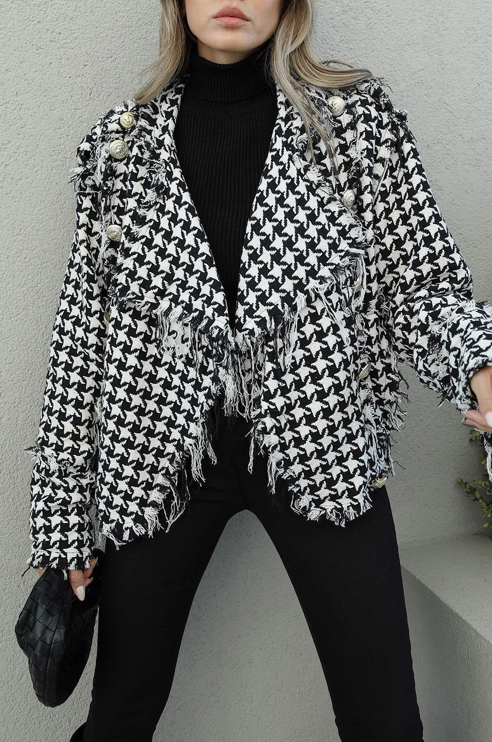 Houndstooth Patterned Tassel Gold Button Detailed Jacket - Lebbse