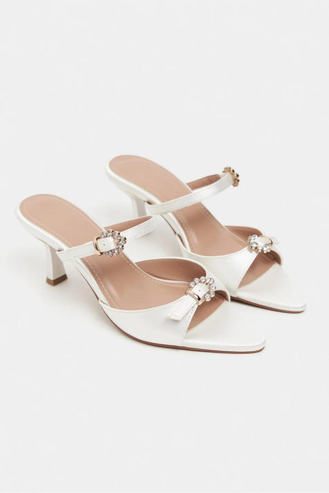 CALISTA Pearl Satin Buckle Detail Pointed-Toe Women's Mule Heels