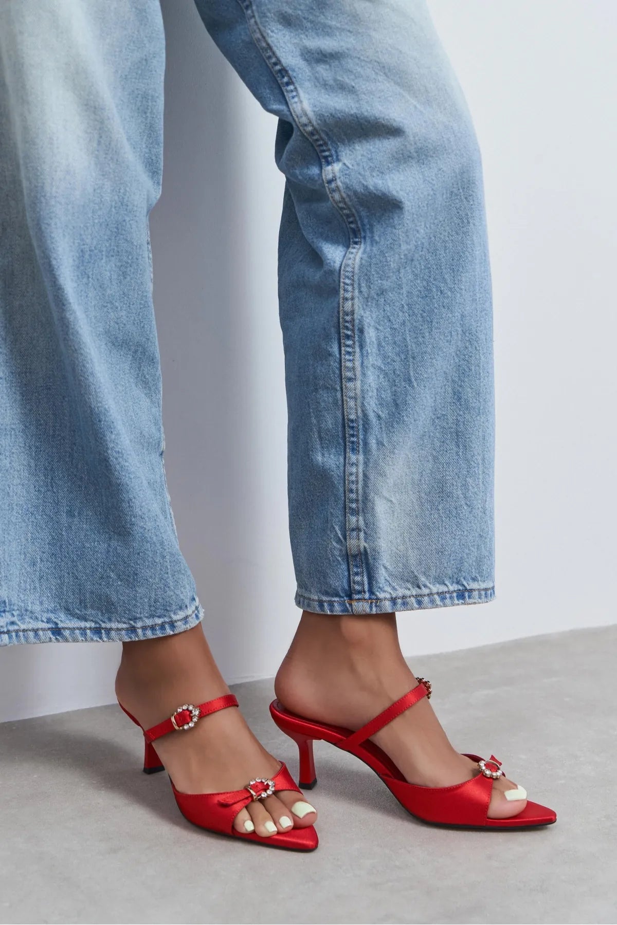 CALISTA Red Satin Buckle Detail Pointed-Toe Women's Mule Heels