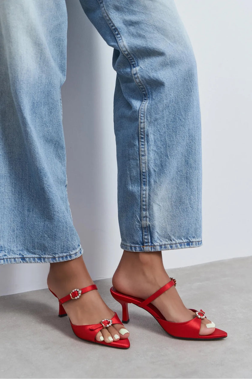 CALISTA Red Satin Buckle Detail Pointed-Toe Women's Mule Heels