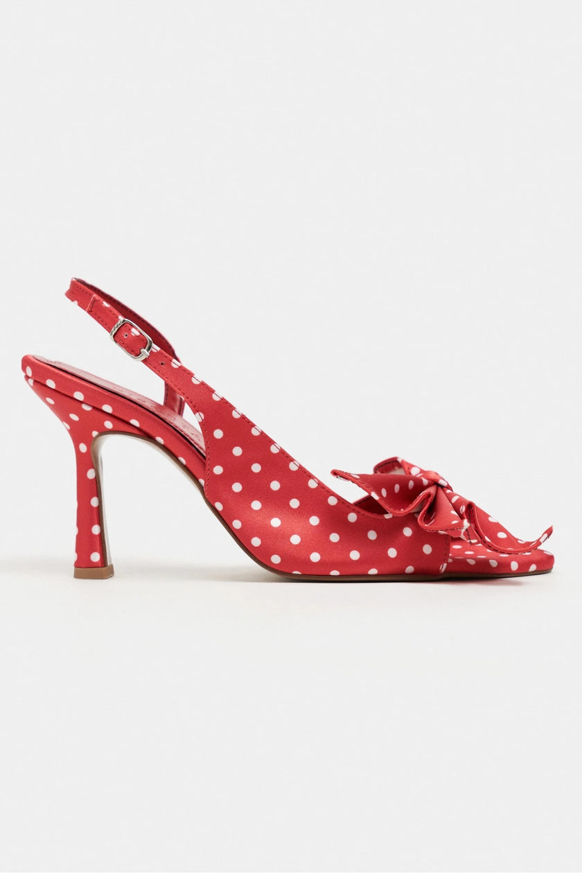 LOREA Red Satin Polka Dot Bow Detail Women’s High-Heel Shoes