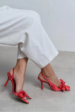 LOREA Red Satin Polka Dot Bow Detail Women’s High-Heel Shoes