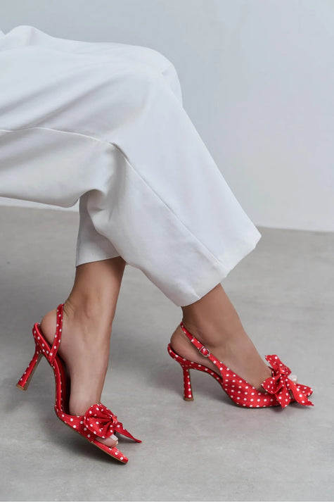 LOREA Red Satin Polka Dot Bow Detail Women’s High-Heel Shoes
