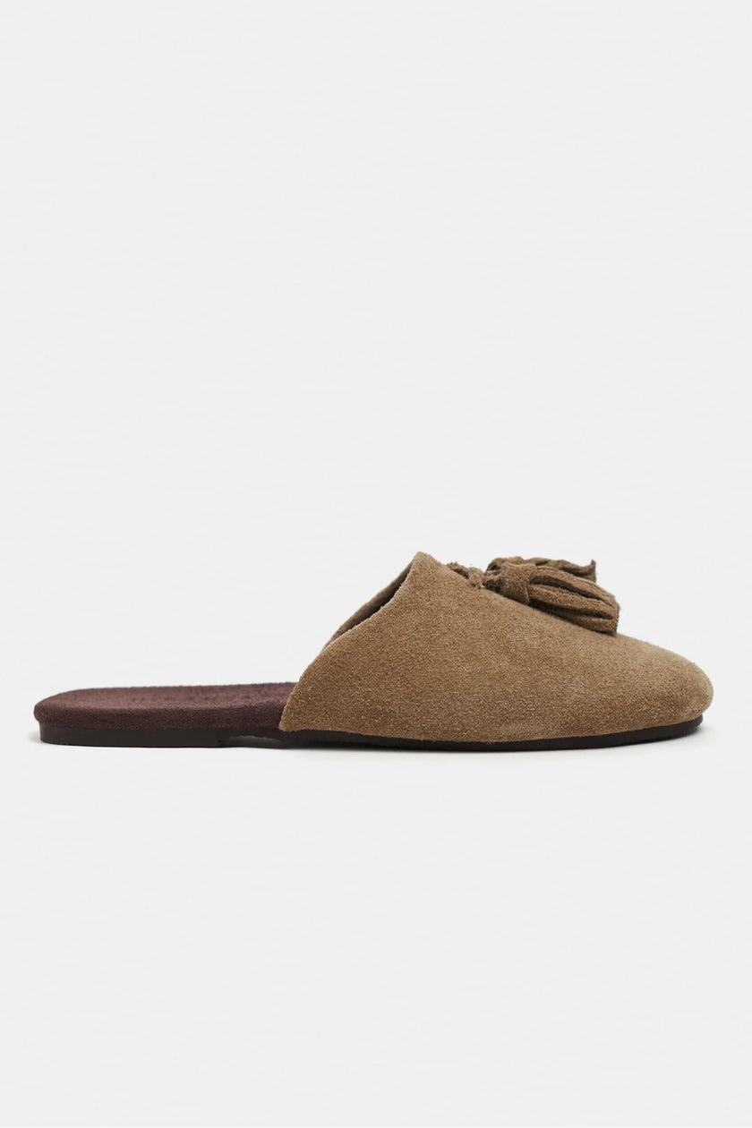 NELLA ROME BEIGE GENUINE SUEDE LEATHER TASSEL DETAIL WOMEN’S FLAT SLIPPERS