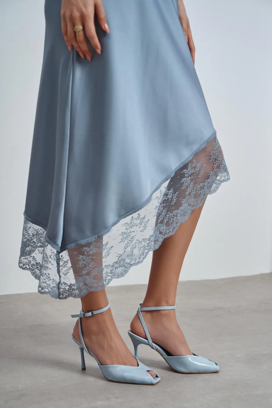 VELA Baby Blue Rustic Ankle Strap Open Toe Women’s Heels