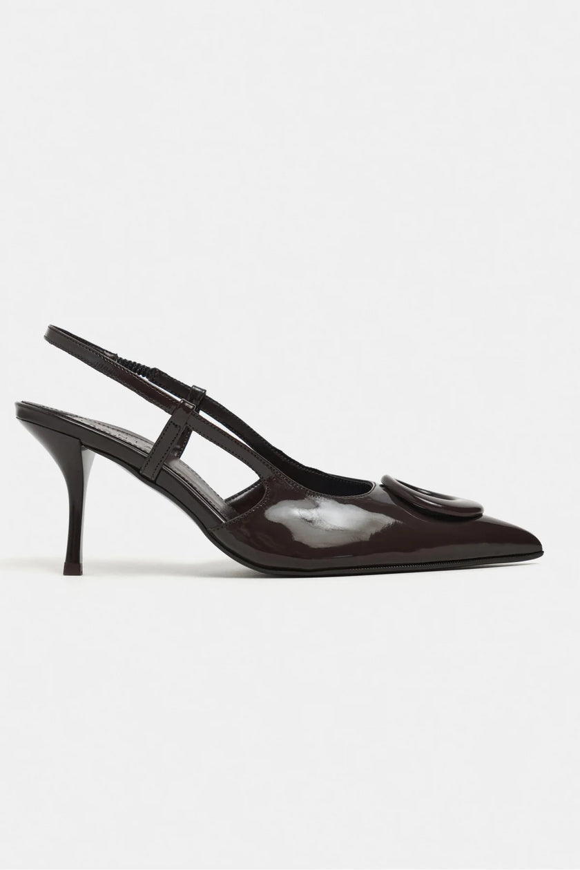 NEREID BROWN PATENT ACCESSORY DETAIL POINTED-TOE SLINGBACK HEEL