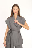 4- بدلة رصاصي فاتح فيست وبنطال مع حزام على الخصر - Juno Vest Belted Suit Gray