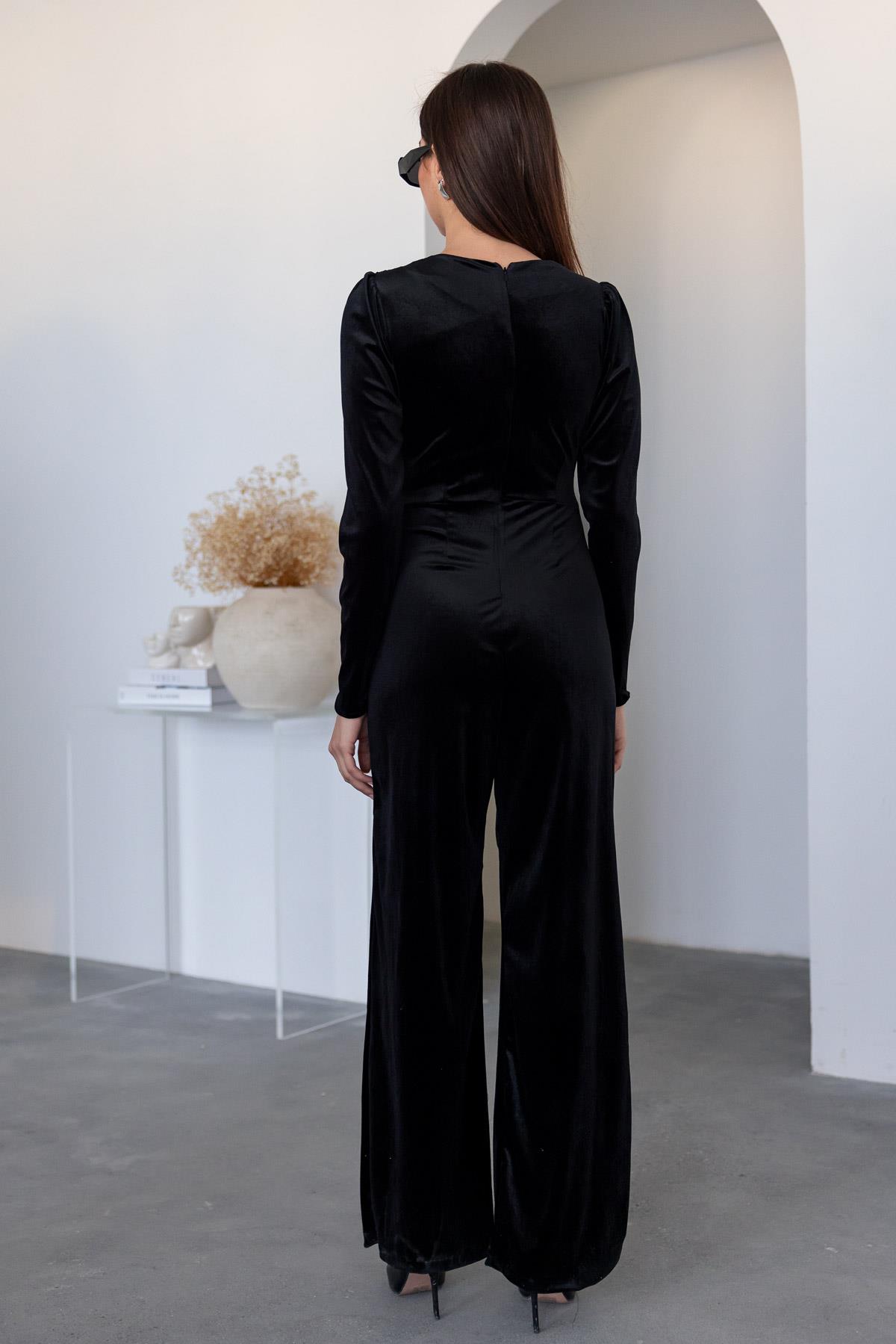 Velvet Belted Jumpsuit - BLACK