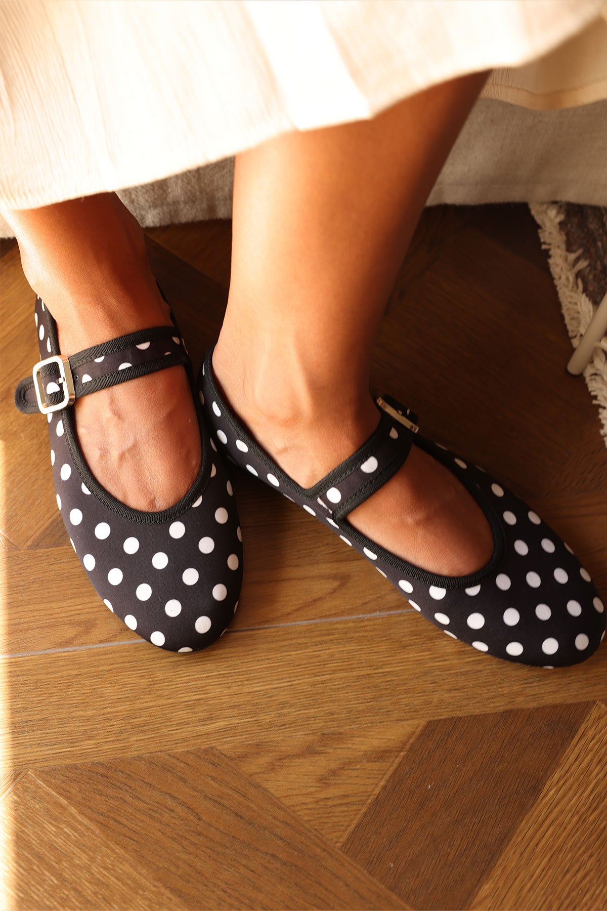 Ankle Strap Polka Dot Black Women’s Flats
