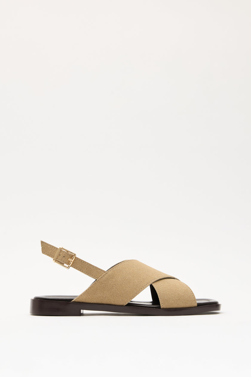 Cross Strap Square Toe Dark Beige Suede Women’s Sandals