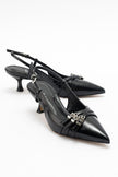 WOSS Black Patent Leather Women's High Heel Shoes with Belt Detail