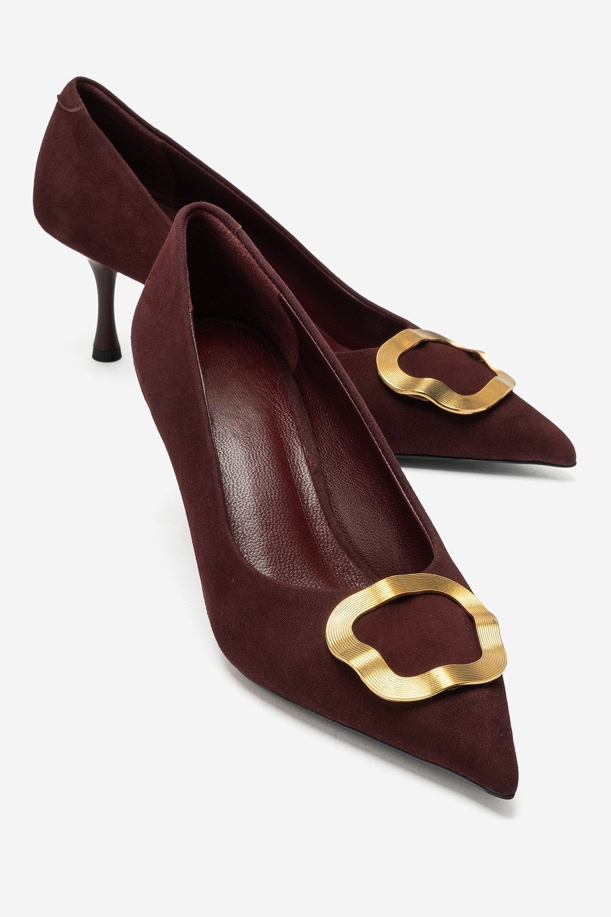 NOEMI Burgundy Genuine Suede Leather Buckle Strap Heels – 6 cm