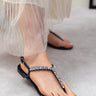 LASSIE BLACK MATTE STONE DETAIL ANKLE - TIED FLAT SOLE WOMEN'S SANDALS - Lebbse