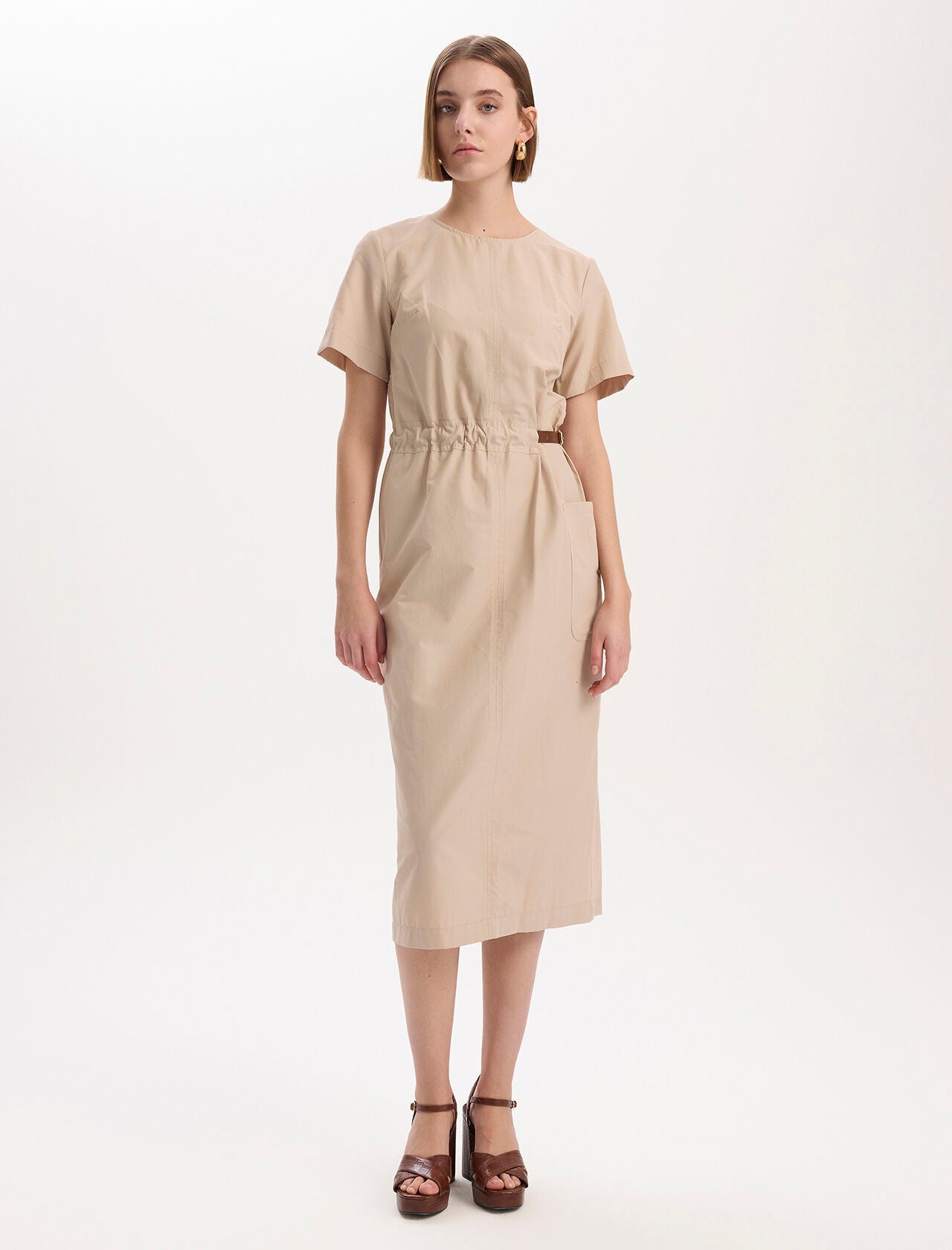 Leather Belt Detailed Dress Beige - Lebbse