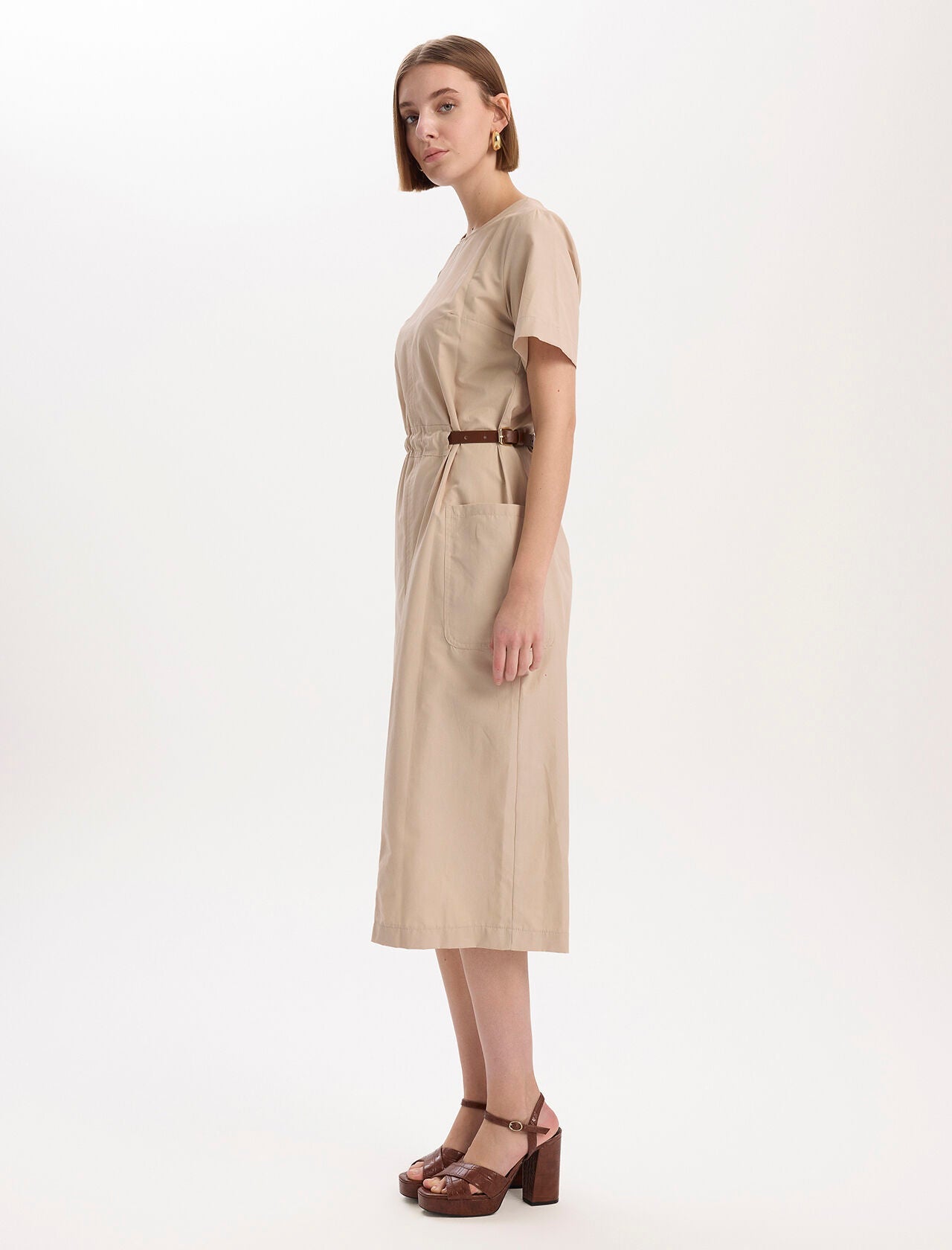 Leather Belt Detailed Dress Beige - Lebbse
