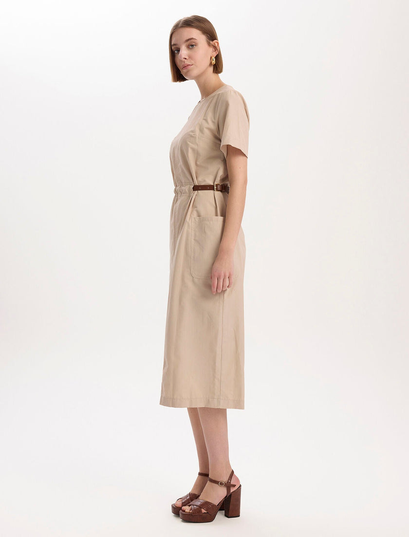 Leather Belt Detailed Dress Beige - Lebbse