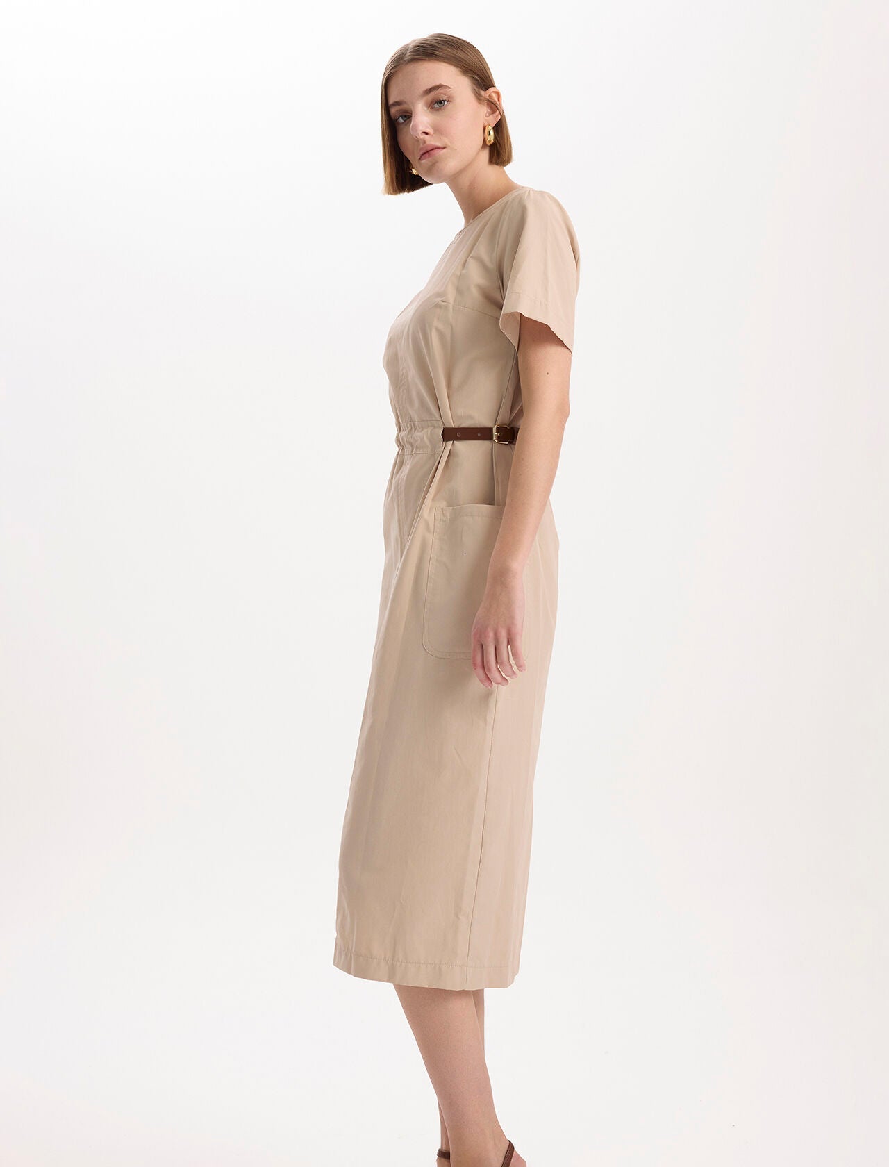 Leather Belt Detailed Dress Beige - Lebbse