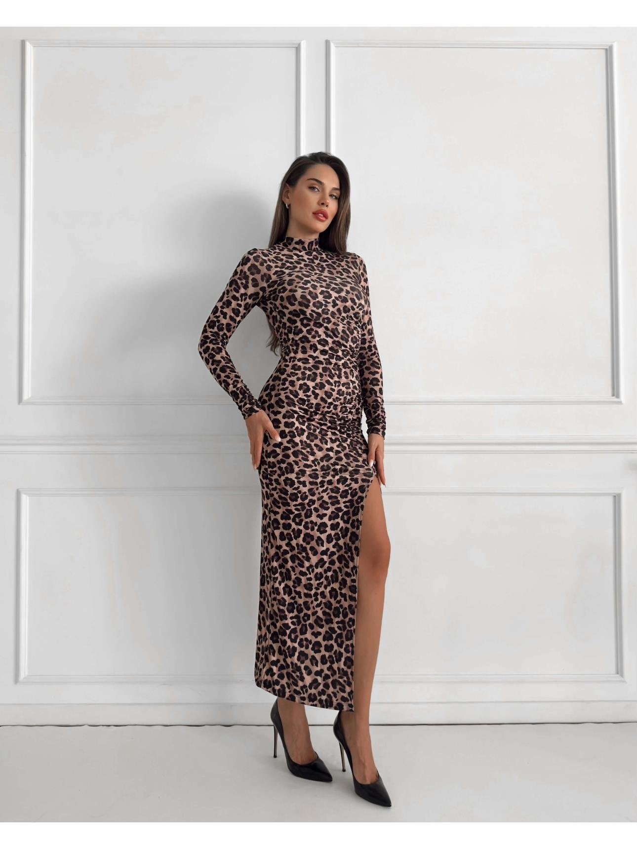 Leo Patterned Turtleneck Dress with Slit - Lebbse