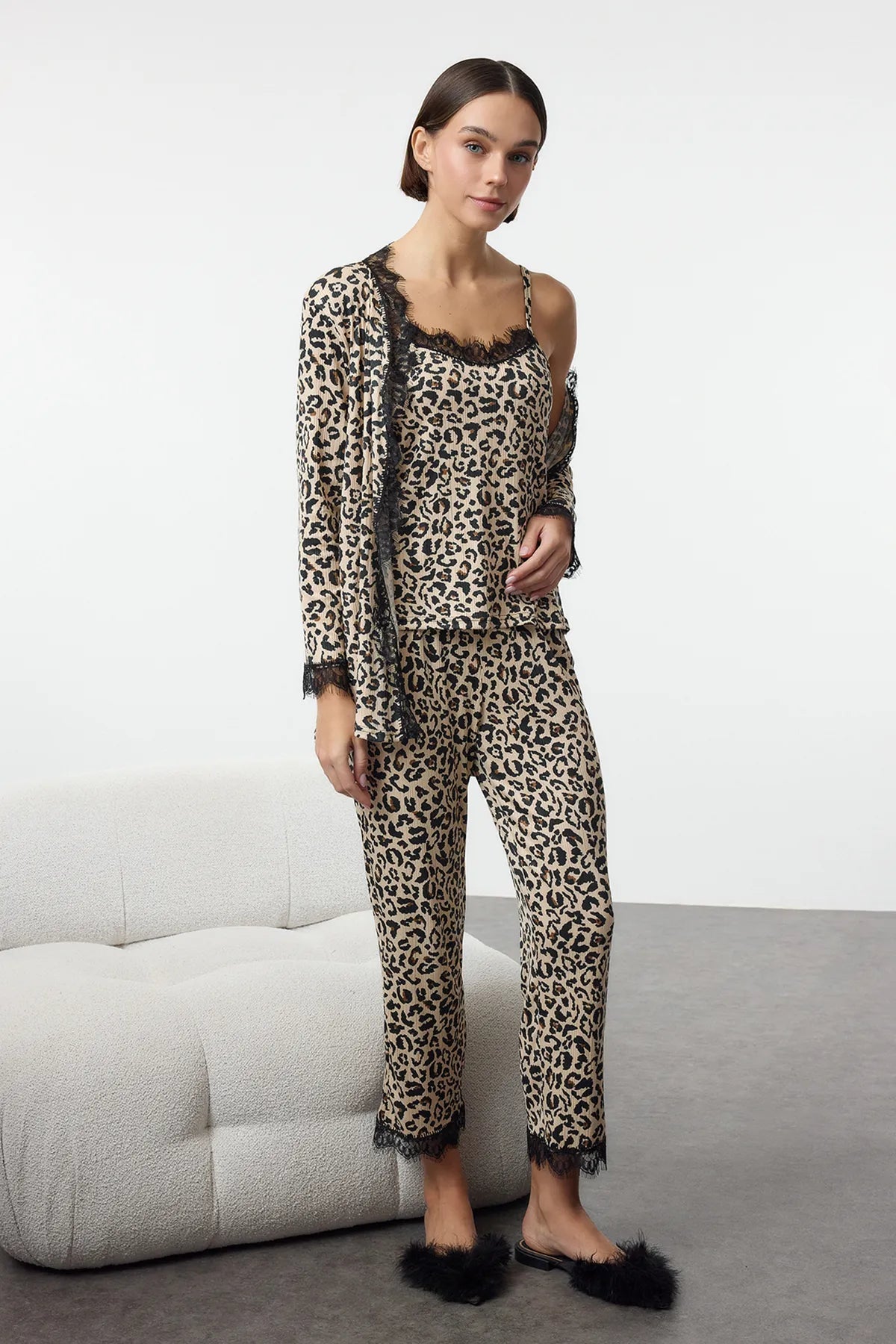 Leopard 3 - Pack Tie and Lace Detailed Ribbed Knitted Pajama Set - Lebbse