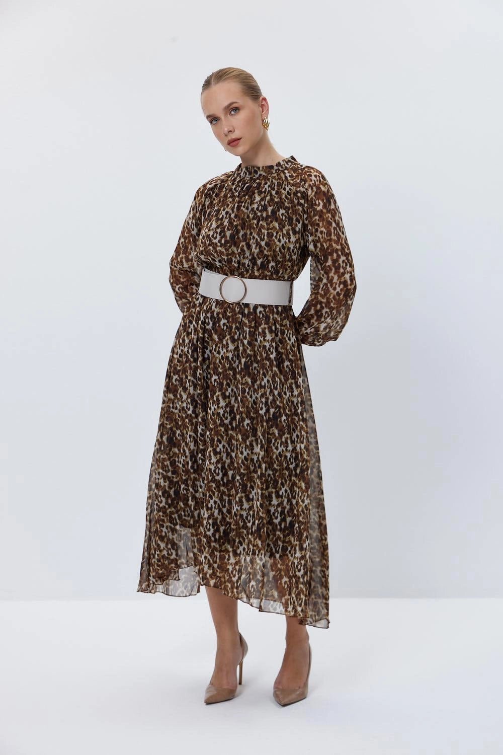 Leopard Pattern Belted Brown Midi Dress - Lebbse