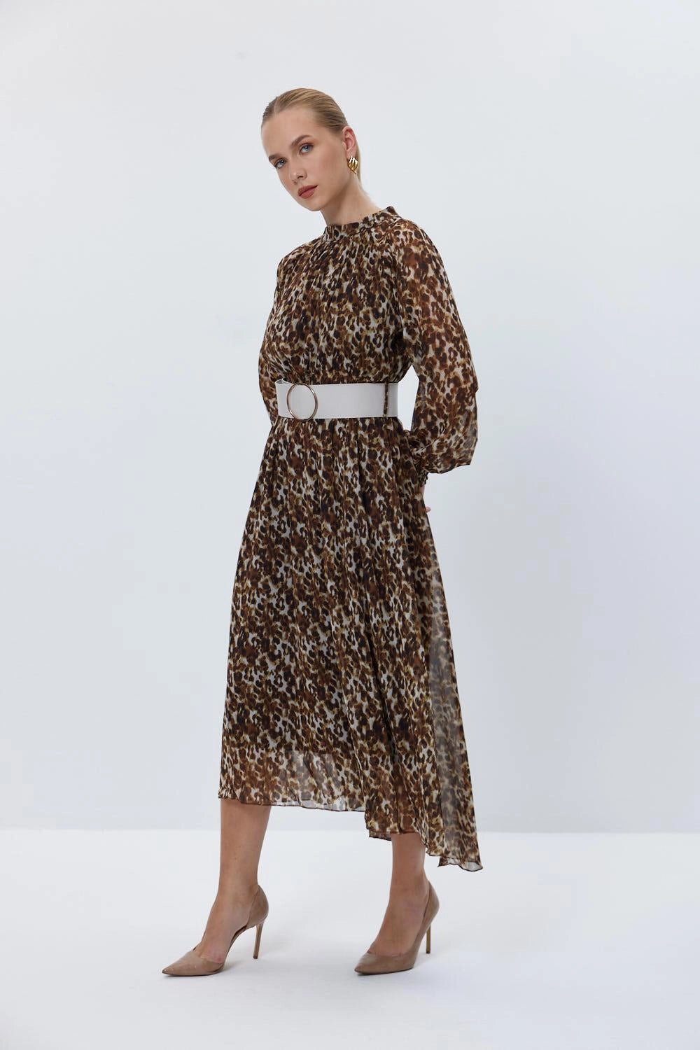 Leopard Pattern Belted Brown Midi Dress - Lebbse