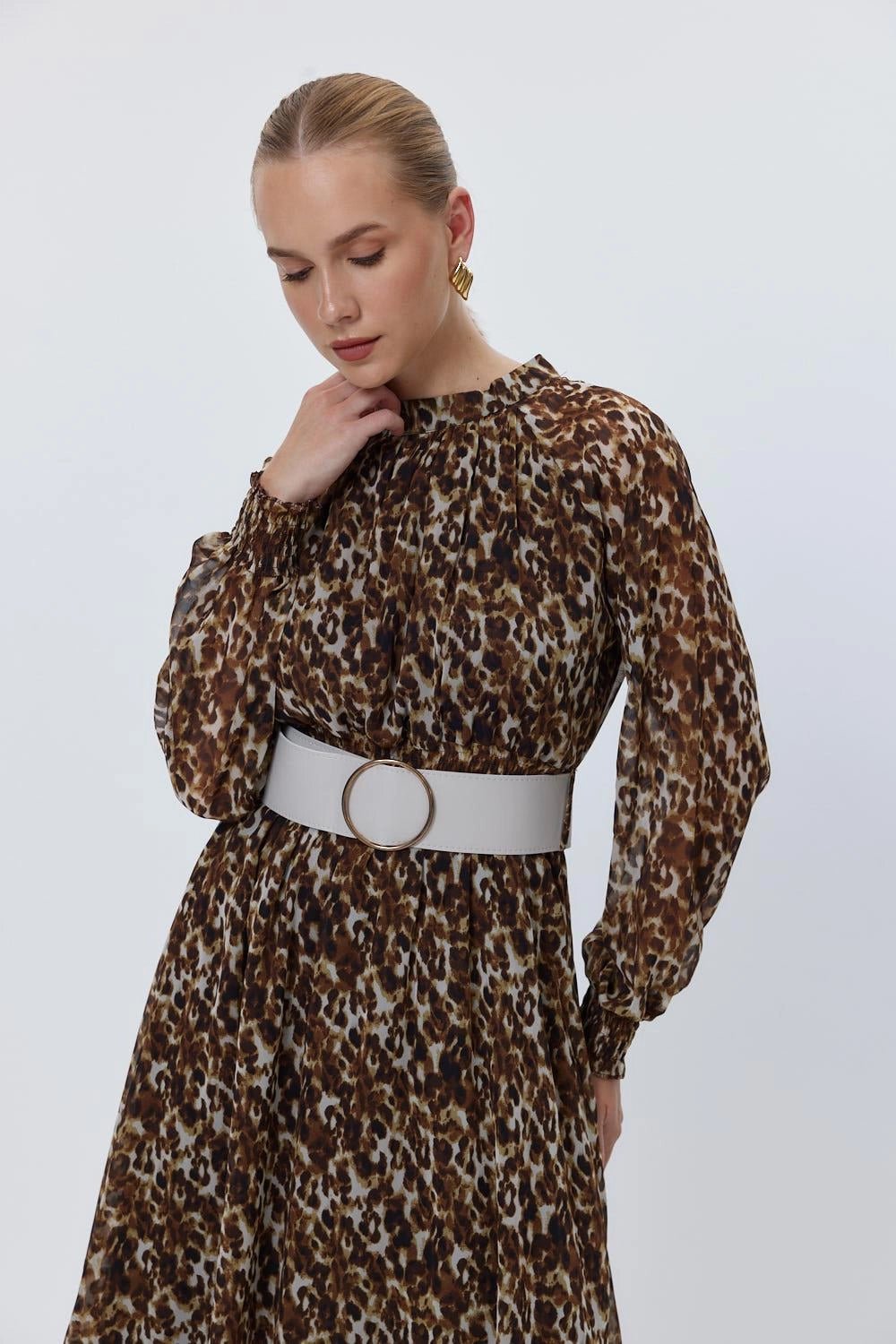 Leopard Pattern Belted Brown Midi Dress - Lebbse