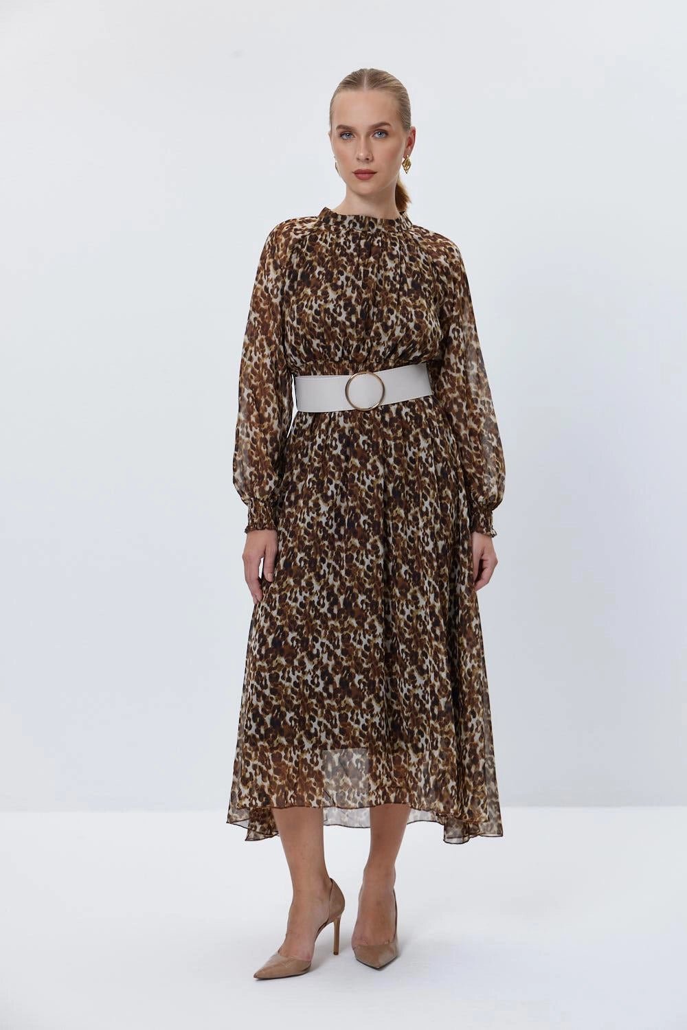 Leopard Pattern Belted Brown Midi Dress - Lebbse