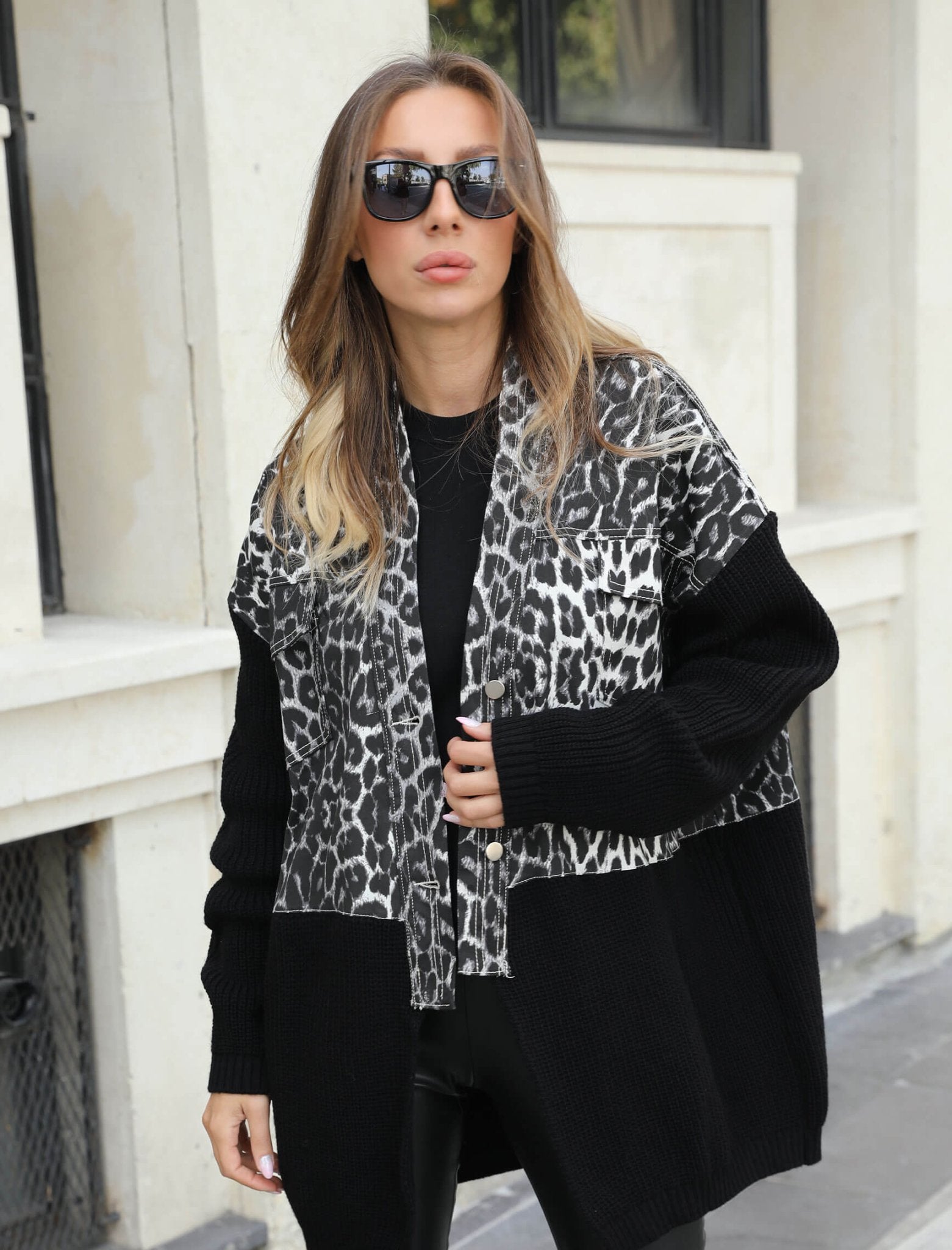 Leopard Pattern Black Jean Design Cardigan - Lebbse