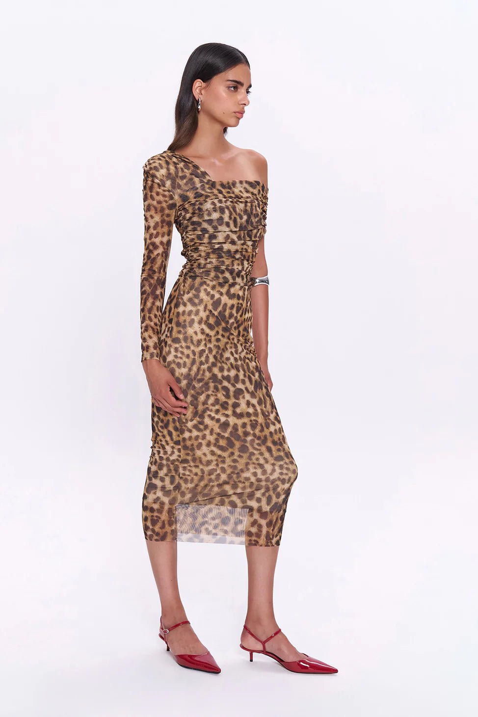 Leopard Pattern Draped Detail Tulle Midi Dress Brown - Lebbse