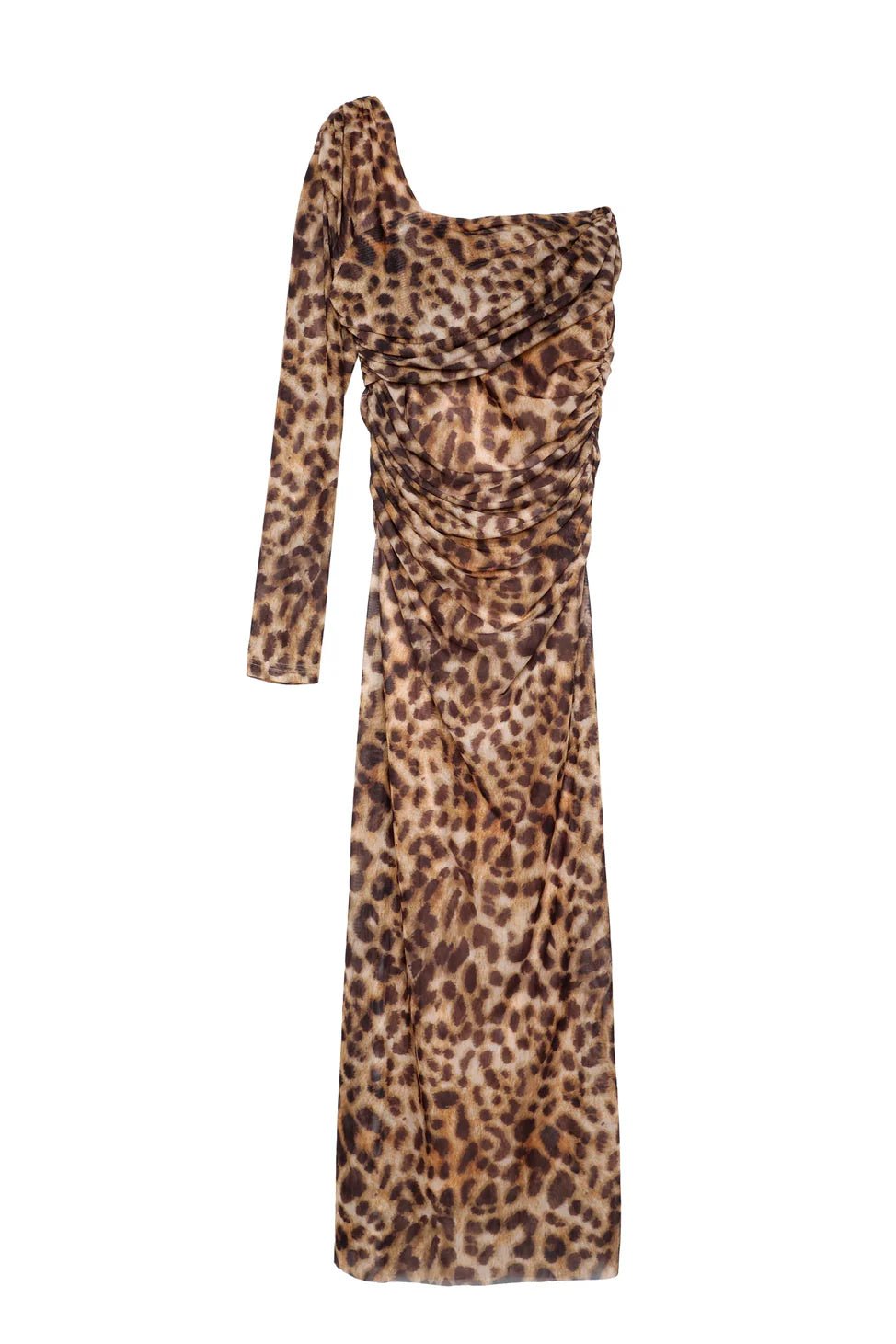 Leopard Pattern Draped Detail Tulle Midi Dress Brown - Lebbse