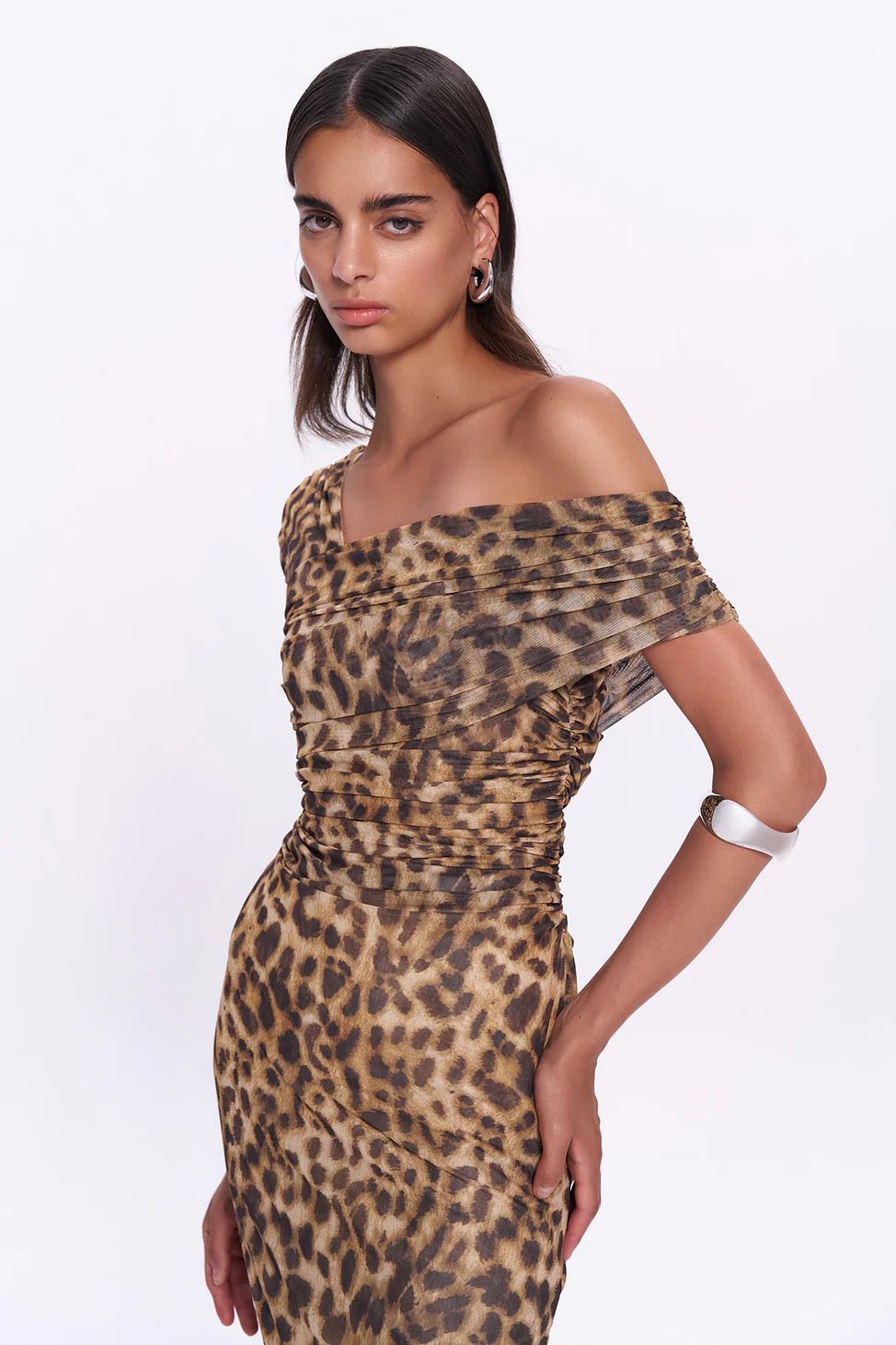 Leopard Pattern Draped Detail Tulle Midi Dress Brown - Lebbse