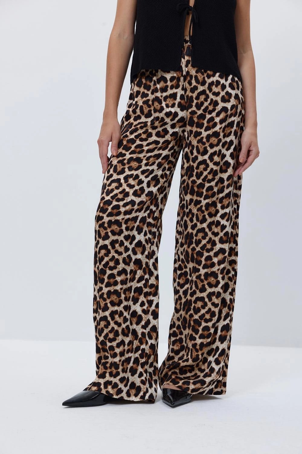 Leopard Patterned Elastic Waist Beige Brown Women's Trousers - Lebbse