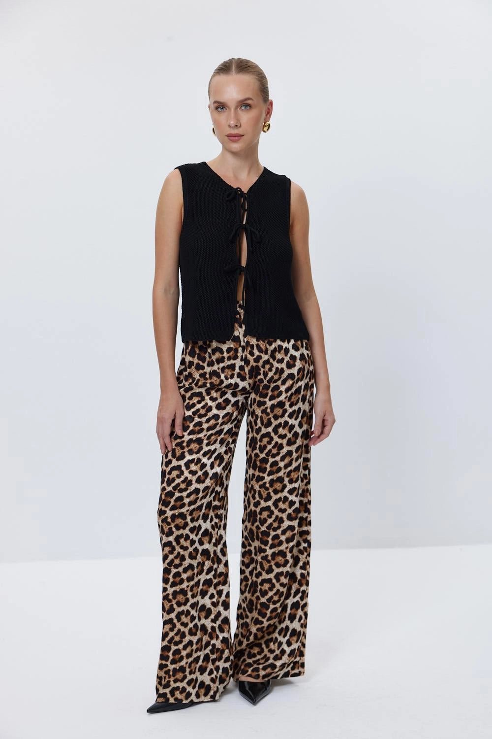 Leopard Patterned Elastic Waist Beige Brown Women's Trousers - Lebbse