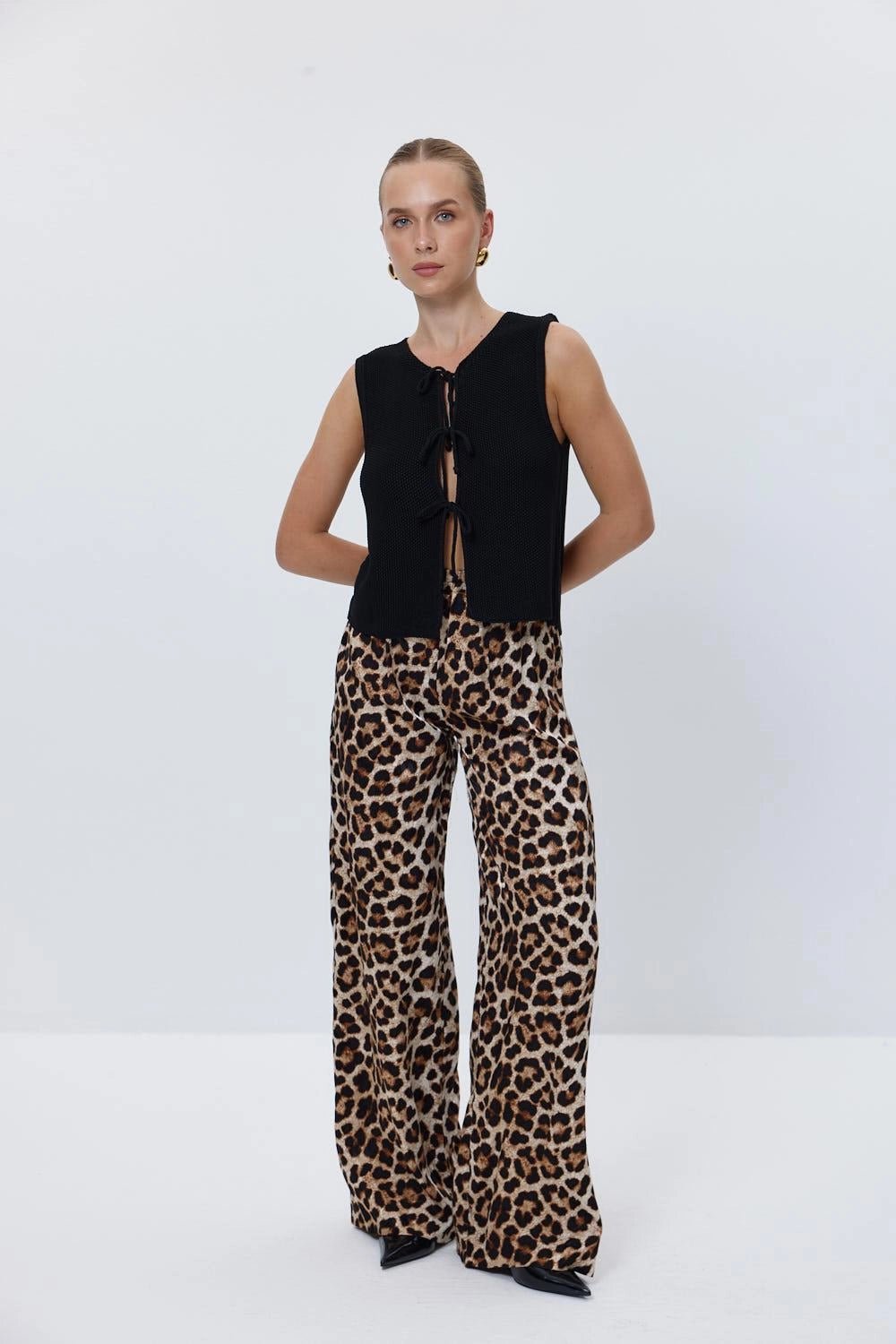 Leopard Patterned Elastic Waist Beige Brown Women's Trousers - Lebbse