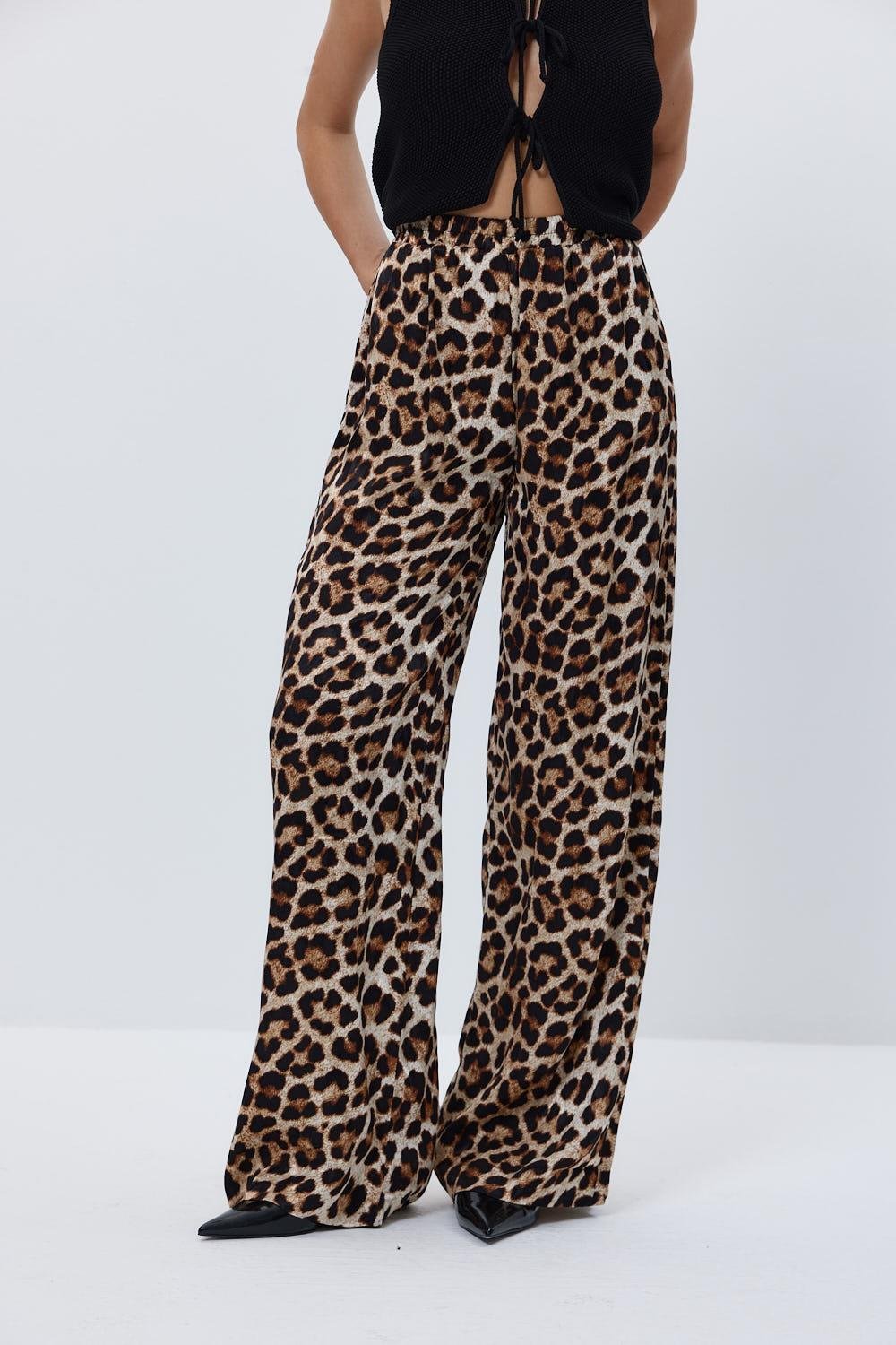 Leopard Patterned Elastic Waist Beige Brown Women's Trousers - Lebbse