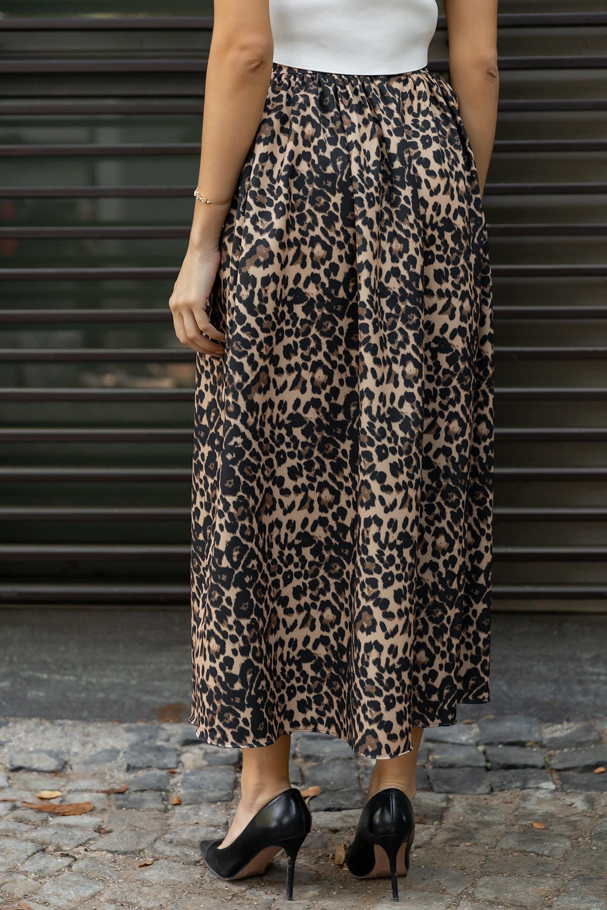 Leopard Print Long Skirt - BLACK - Lebbse