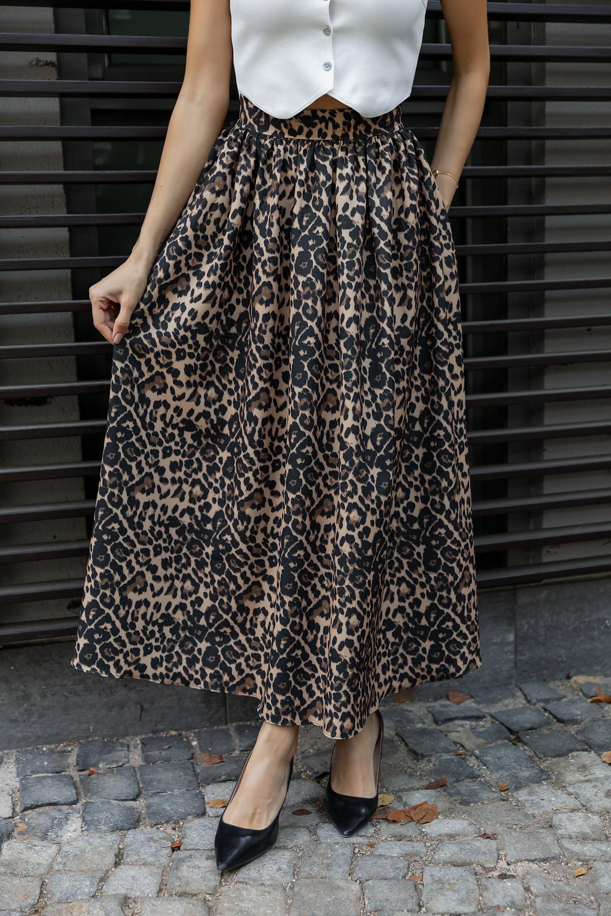 Leopard Print Long Skirt - BLACK - Lebbse