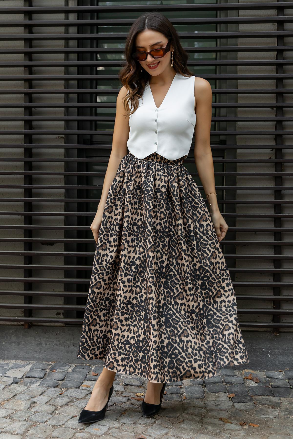 Leopard Print Long Skirt - BLACK - Lebbse