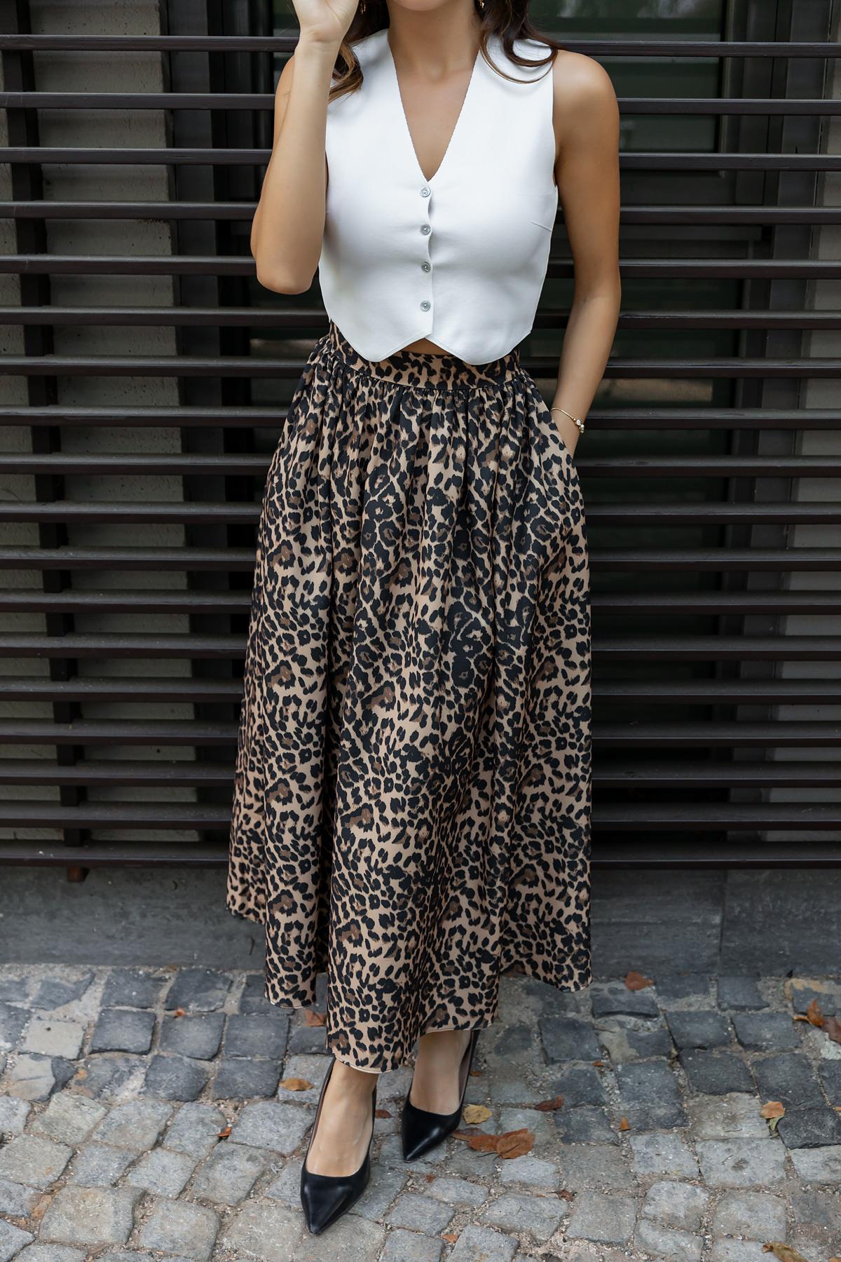 Leopard Print Long Skirt - BLACK - Lebbse