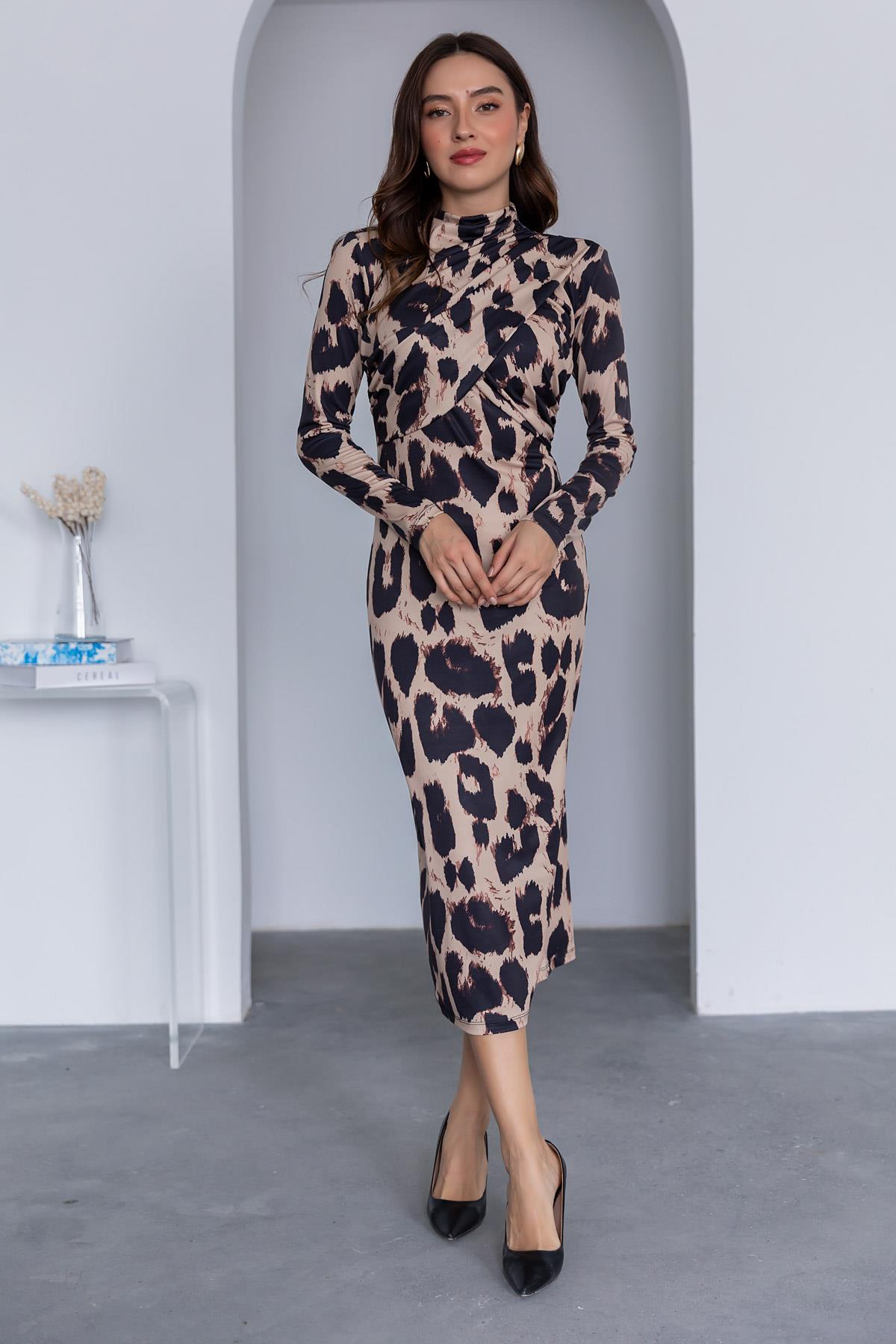 Leopard Print Maxi Dress - BEIGE - Lebbse