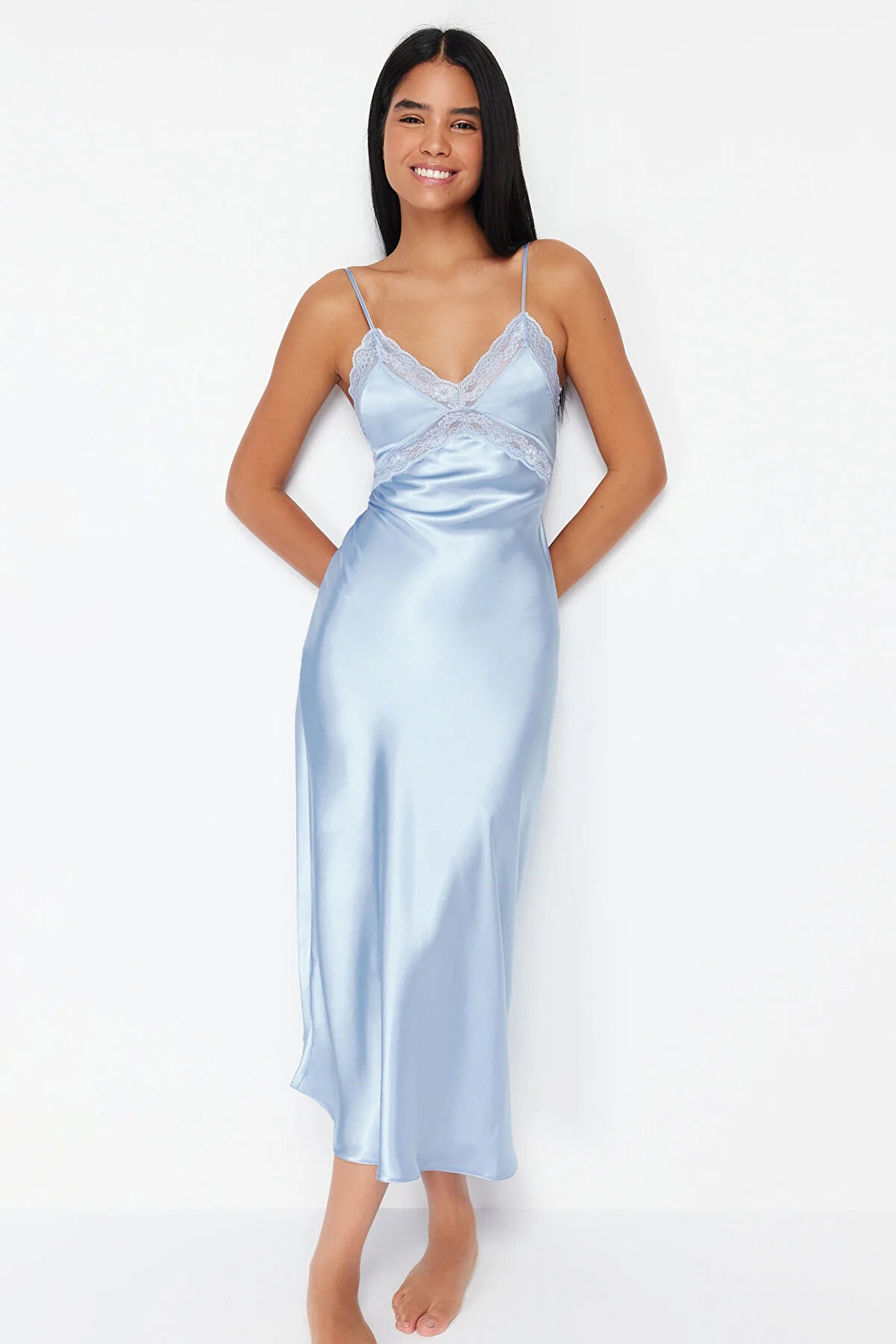 Light Blue Lace Detailed Satin Woven Nightgown Lebbse Light Blue Lace Detailed Satin Woven Nightgown Lebbse