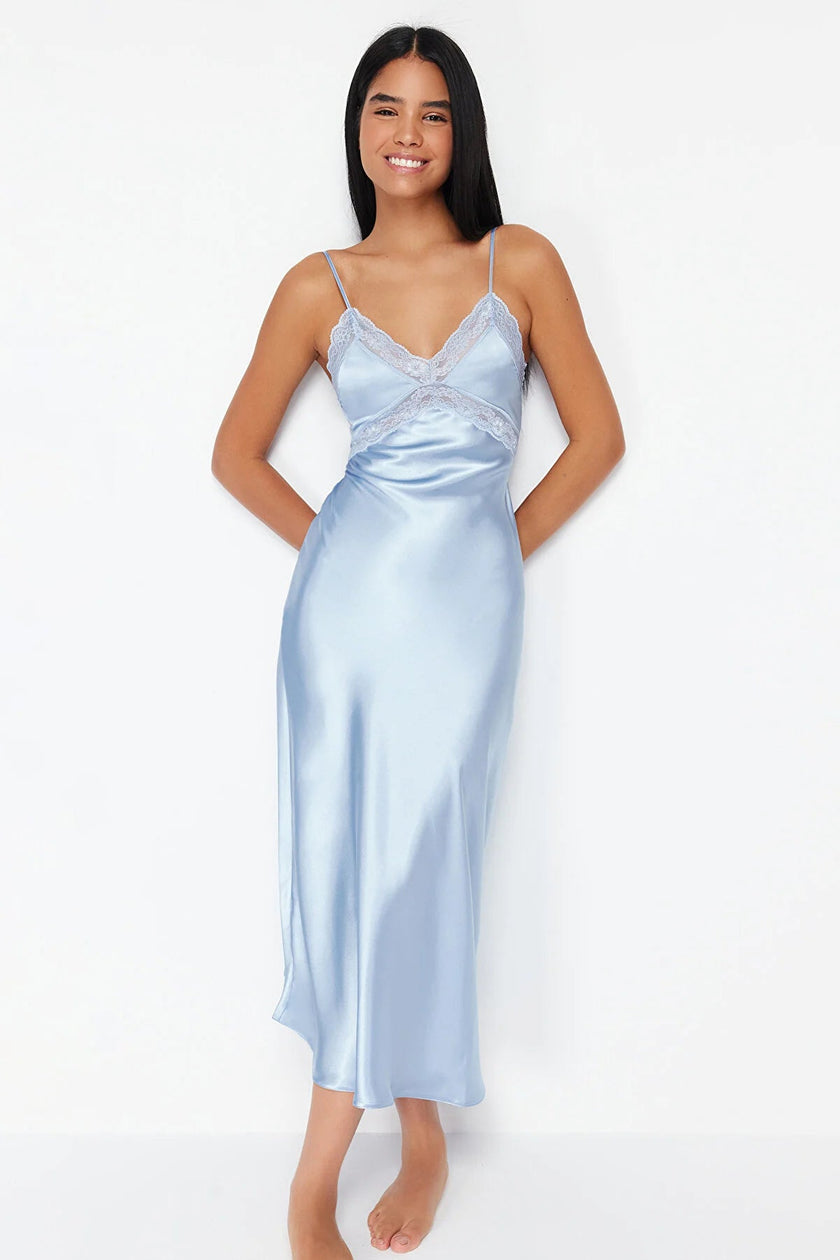 Light Blue Lace Detailed Satin Woven Nightgown - Lebbse