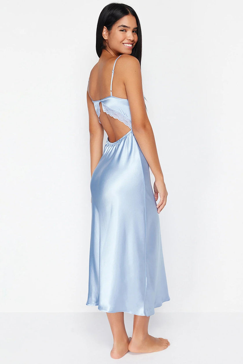 Light Blue Lace Detailed Satin Woven Nightgown - Lebbse