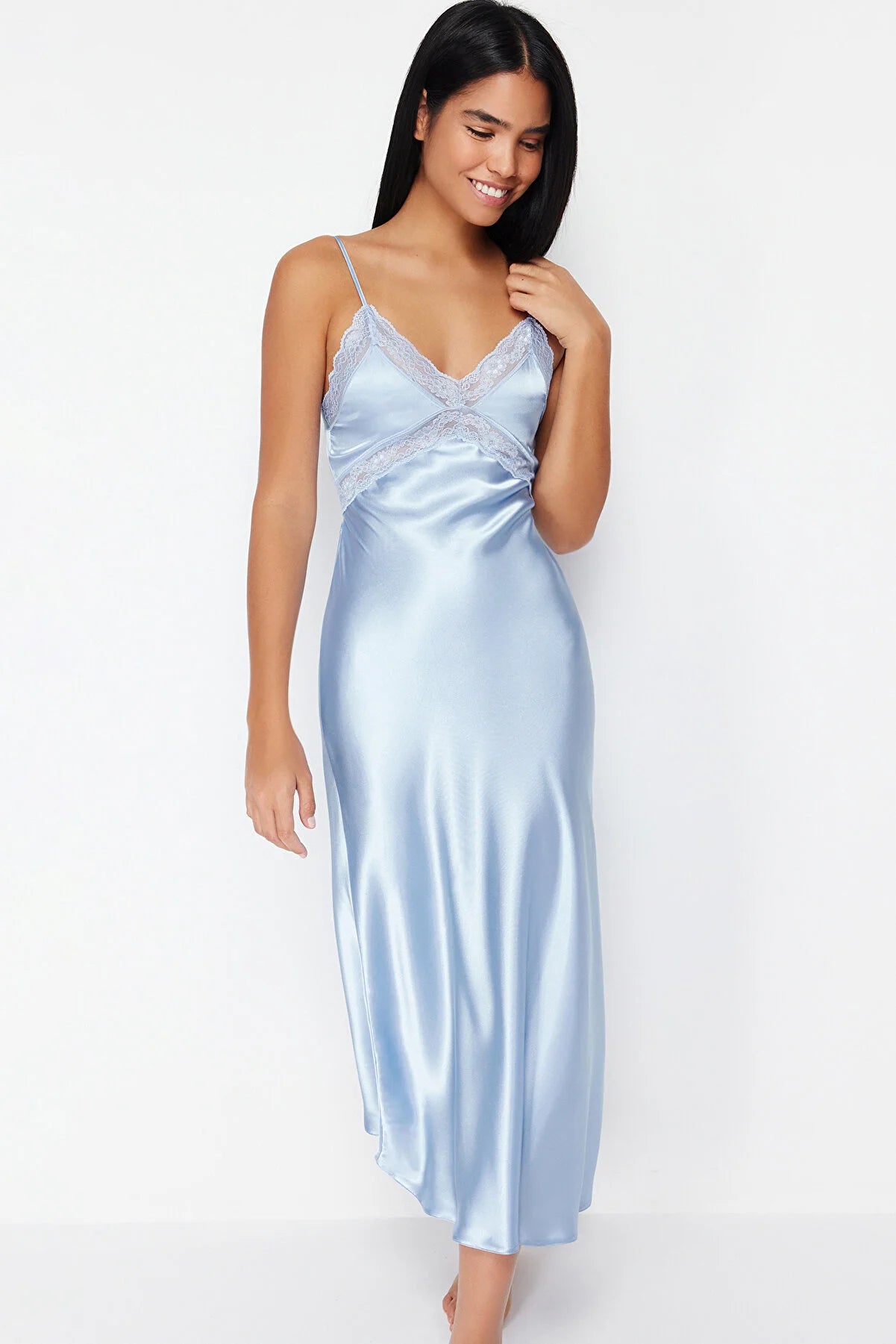 Light Blue Lace Detailed Satin Woven Nightgown | Clothing | Home Wear | Lingerie Light Blue Lace Detailed Satin Woven Nightgown | Clothing | Home Wear | Lingerie