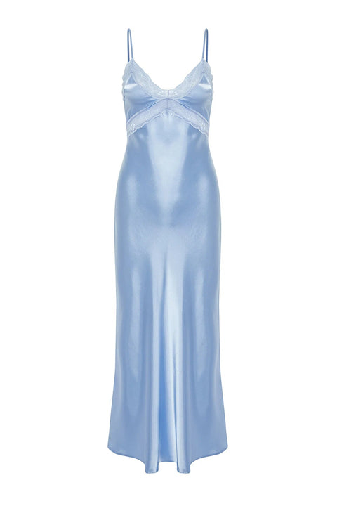 Light Blue Lace Detailed Satin Woven Nightgown - Lebbse