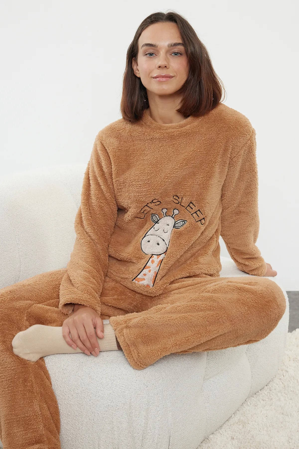 Light Brown Animal Embroidered Wellsoft Winter Knitted Pajama Set - Lebbse