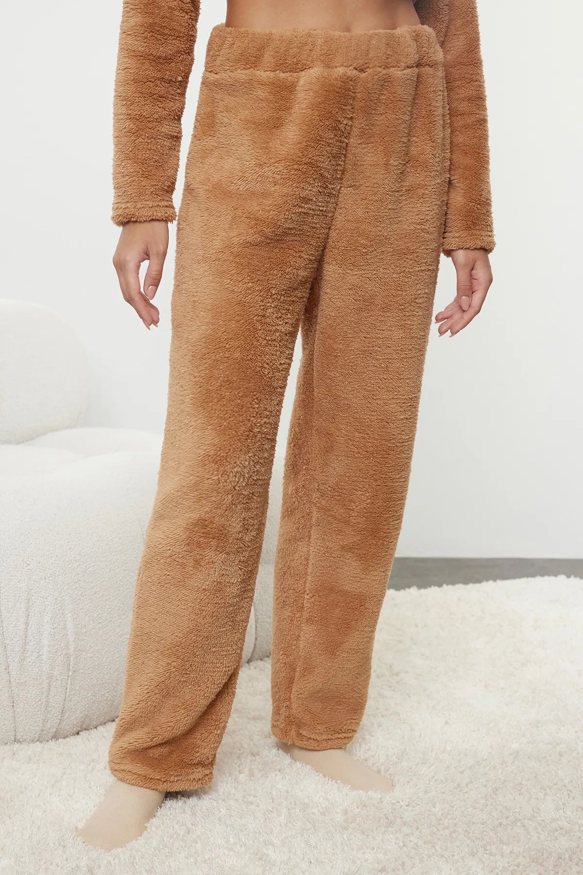 Light Brown Animal Embroidered Wellsoft Winter Knitted Pajama Set - Lebbse