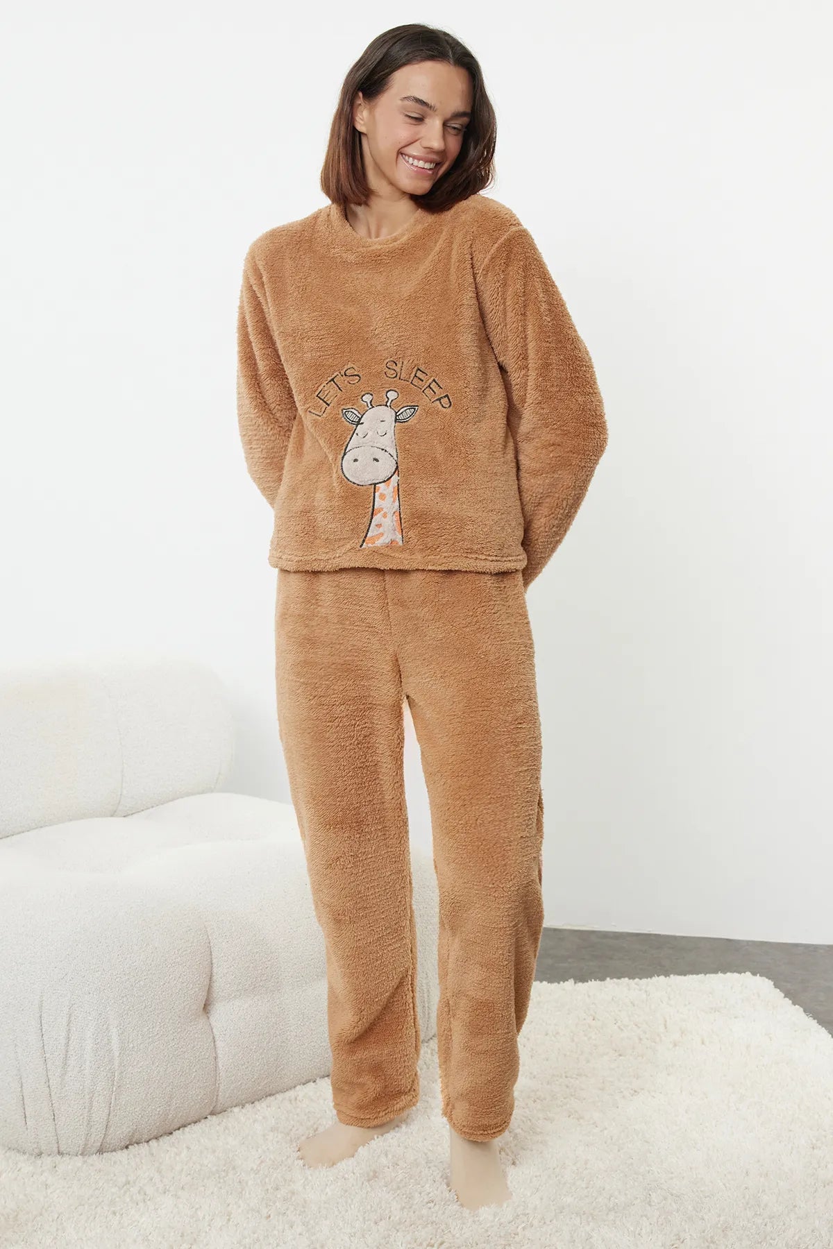 Light Brown Animal Embroidered Wellsoft Winter Knitted Pajama Set - Lebbse