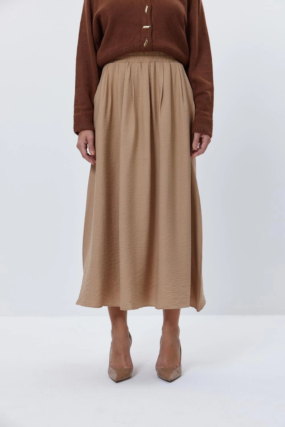 Light Brown Midi Skirt with Elastic Waist - Lebbse