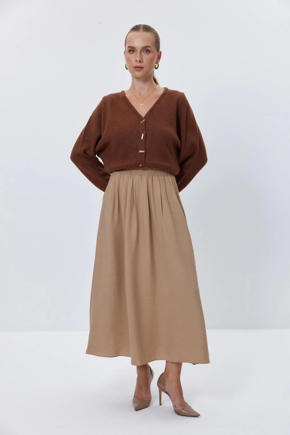 Light Brown Midi Skirt with Elastic Waist - Lebbse